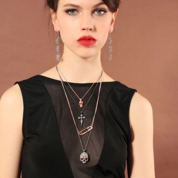 Layered Skull Safety Pin Cross Rose Gold Gun Metal Silver Necklace NWT - Picture 3 of 8